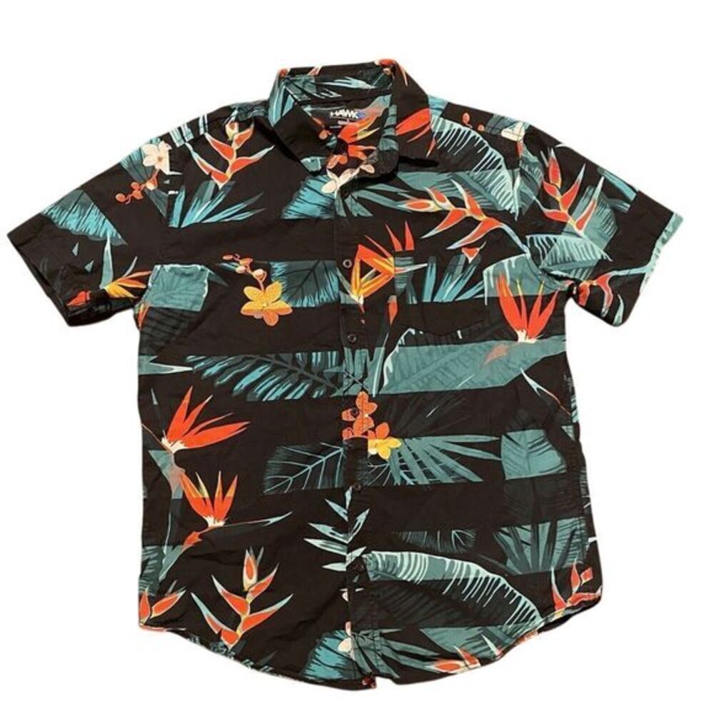 Tony Hawk T-Shirt Polo Blue Paradise Flamingos Birds Men's Size L 1/4 Button